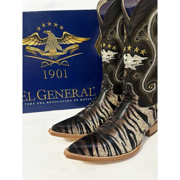 El General Cowboy Boots Mens Sz 8 Tiger Stripe Lizard Skin Exotic Leather Brown - Picture 7 of 16